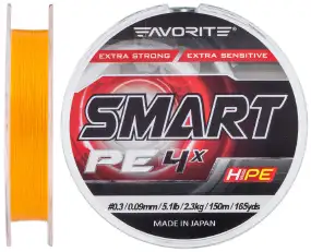 Шнур Favorite Smart PE 4x 150м (оранж.) #0.3/0.09 мм, 2.3 кг